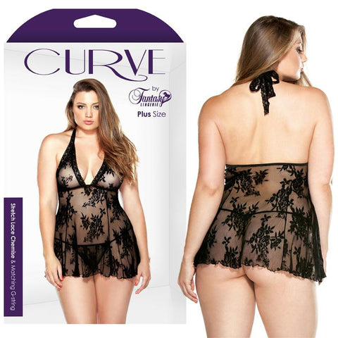 Curve Stretch Lace Chemise & Matching G-String Black 1X-2X