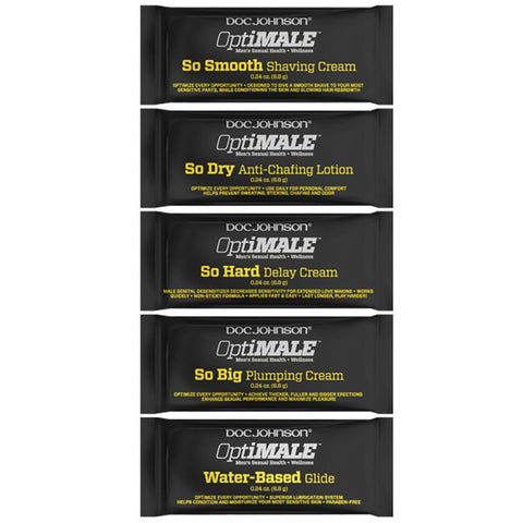OptiMale - Bulk Pillow Paks - Assorted .24oz (120 Pieces) So Hard Delay Cream, Water Based, So Dry Anti-Chafing Lotion, So Big Plumping Cream, So Smooth Shaving Cream