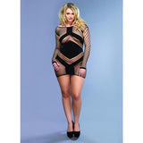 Diamond Net Long Sleeved Mini Dress w-Opaque Panel Accents Plus Size Black