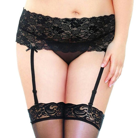 Curve Stretch Lace Garter Belt & Thigh High Stocking Set Black 1X-2X