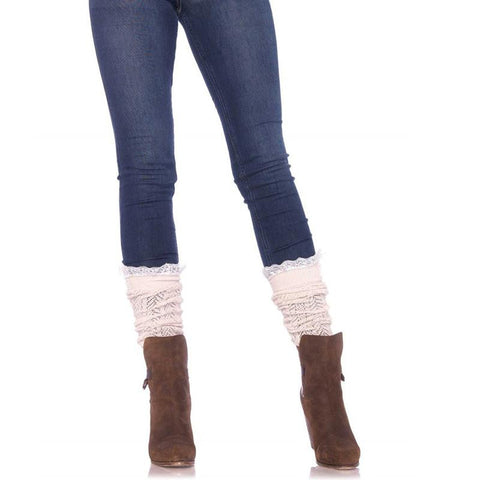 Crochet Knit Slouch Socks With Lace Ruffle Accent O/S Ivory