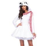 Cozy Polar Bear,Zipper Front Dress W/Bear Hood Attached Striped Scar Small White