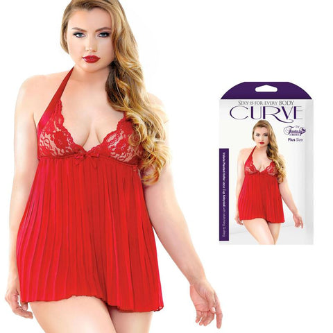 Curve Valerie Pleated Halter Lace Cup Babydoll With Matching G-String Red 3X-4X