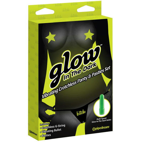 Glow In The Dark Vibrating Crotchless Panty & Pasty Set Bitch