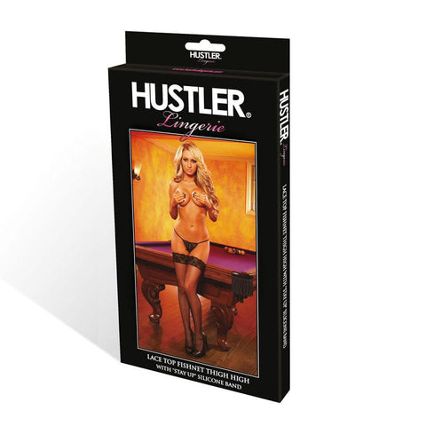 Hustler Lace Top Fishnet Thigh High with Stay Up Silicone Band Black