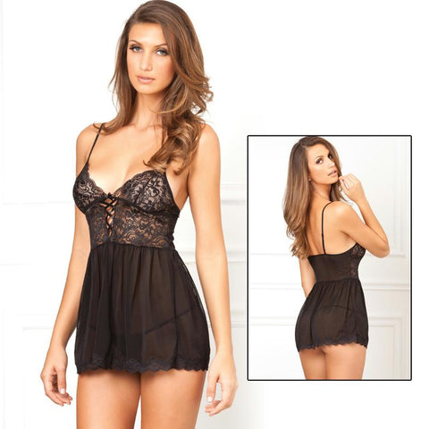 2pc Laced Up Chemise & G-String Blk S-M