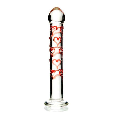 A&E Red Hearts Glass Dildo Clear/Red Hearts