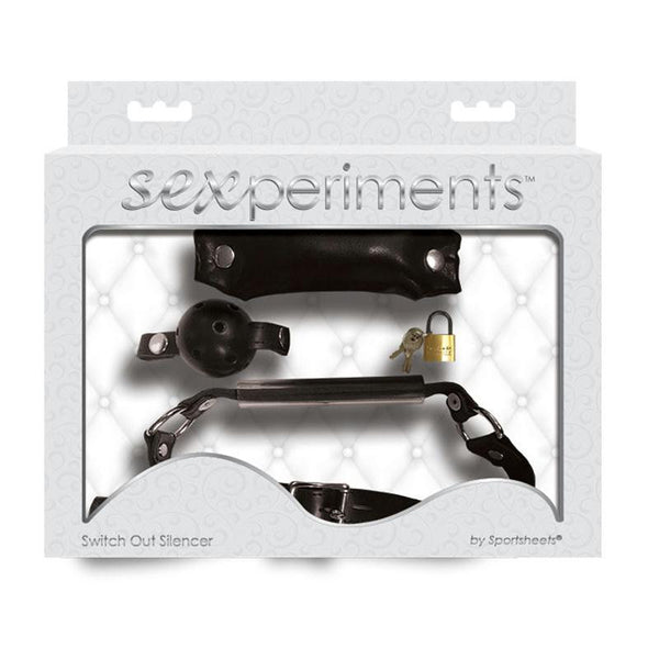 Sexperiments Switch Out Silencer - Ball gag with 3 interchangeable attachments:Bite Down Hard BitSoft Full Mouth Muffler Bitand Breathable Ball GagLockable Buckle; lock and keys included