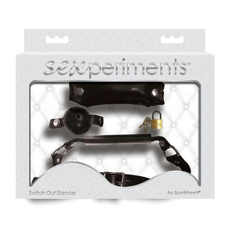 Sexperiments Switch Out Silencer - Ball gag with 3 interchangeable attachments:Bite Down Hard BitSoft Full Mouth Muffler Bitand Breathable Ball GagLockable Buckle; lock and keys included