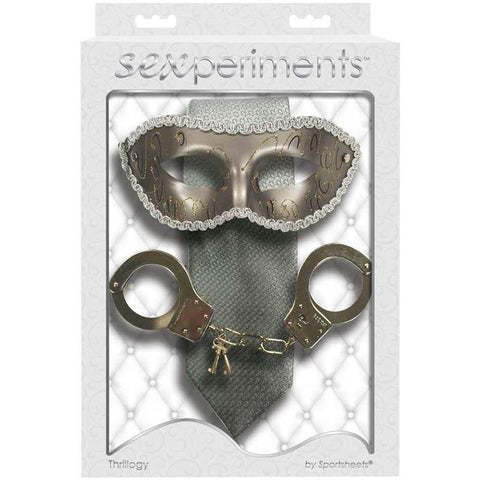 Sexperiments Thrillogy - The Grey Tie, Masquerade Mask, Metal Handcuffs with keys