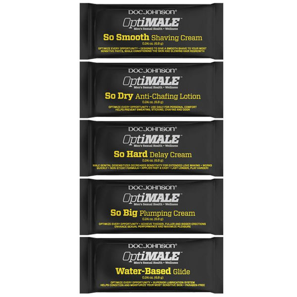 OptiMale - Bulk Pillow Paks - Assorted .24oz (120 Pieces) So Hard Delay Cream, Water Based, So Dry Anti-Chafing Lotion, So Big Plumping Cream, So Smooth Shaving Cream