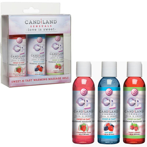 Candiland Sweet-N-Tart Warming Massage Gel - 3 Pak- 2oz. Strawberry Sour, Tart Berry, Tangy Cherry