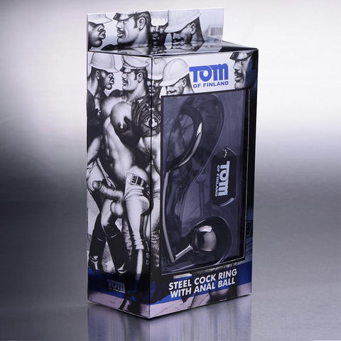Tom of Finland 2in. Metal Cock Ring with Anal Ball (Stainless Steel)