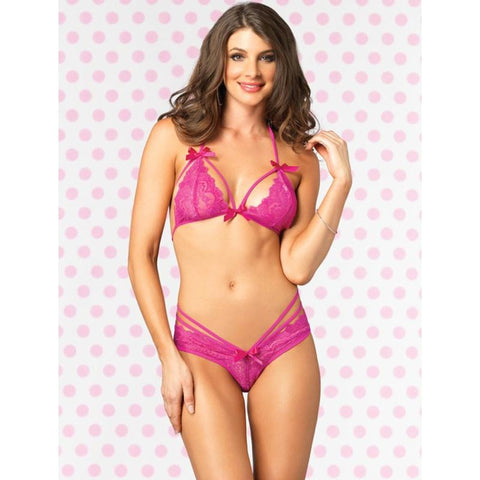 2pc Strappy Lace Halter Bra Top,Peek-A-Boo Brazilian Panty Sml/Med Neon Pink, All Lingerie, Leg Avenue, Tickle Toys INC