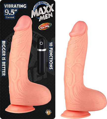Maxx Men Vibrating 9.5in. Real Skin Curved Multispeed Waterproof Dong With Balls & Suction Cup (Ivory)