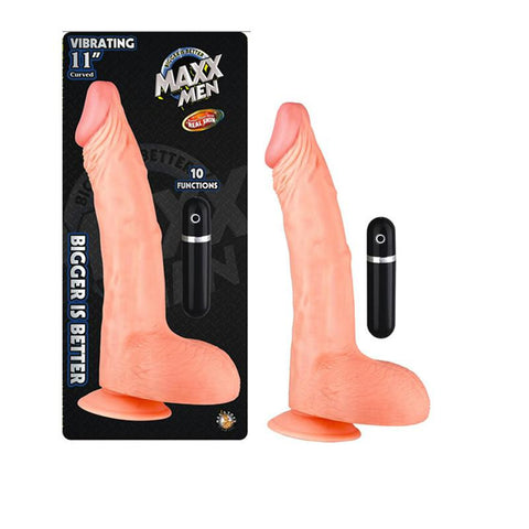 Maxx Men Vibrating 11in. Real Skin Curved Multispeed Waterproof Dong With Balls & Suction Cup (Ivory)