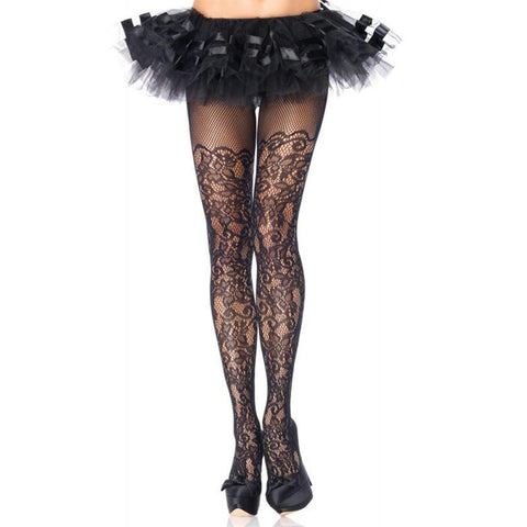 Floral Vine Net Pantyhose Plus Size Black