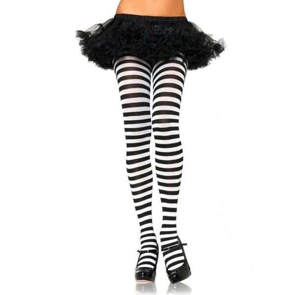 Nylon Stripe Tights O/S Black/White