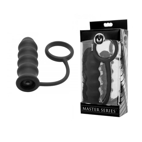 Masters Silicone Ass Bomb Ripple Vibrating Plug & Cock Ring (Black)