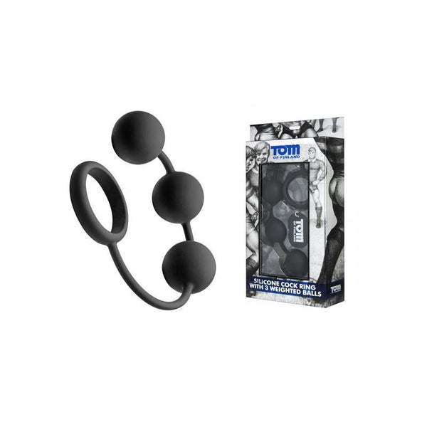 Tom of Finland Cock Ring With 3 Weighted Silicone Anal Balls (Black)