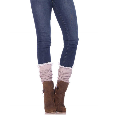 Crochet Knit Slouch Socks With Lace Ruffle Accent O/S Grey