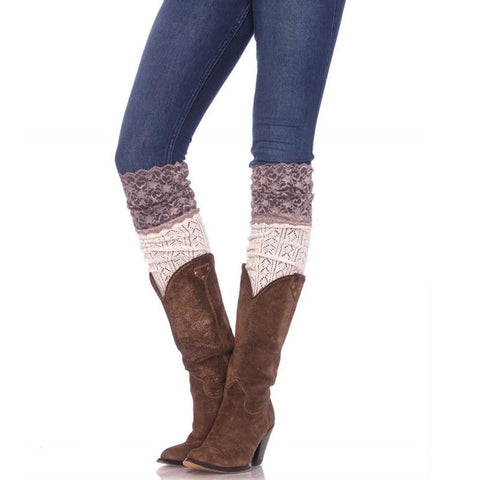 Crochet Knit Over The Knee Slouch Socks With Wide Lace Top O/S Ivory