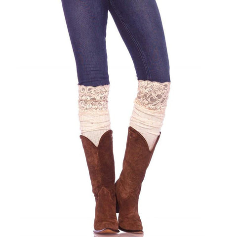 Ribbed Knit Over The Knee Confetti Dot Slouch Socks W/Lace Top O/S Ivory