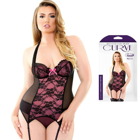 Curve Gigi Halter Underwire Bustier & Panty Set Fuchsia 3X/4X