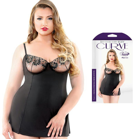 Curve Savannah Metallic Embroidered Chemise & G-String Black 1X/2X