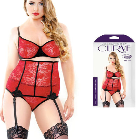 Curve Kenna Soft Cup Bra, Garter Belt, & Panty Red 1X/2X