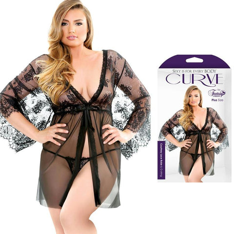 Curve Courtney Lace Robe & G-String Black 1X/2X